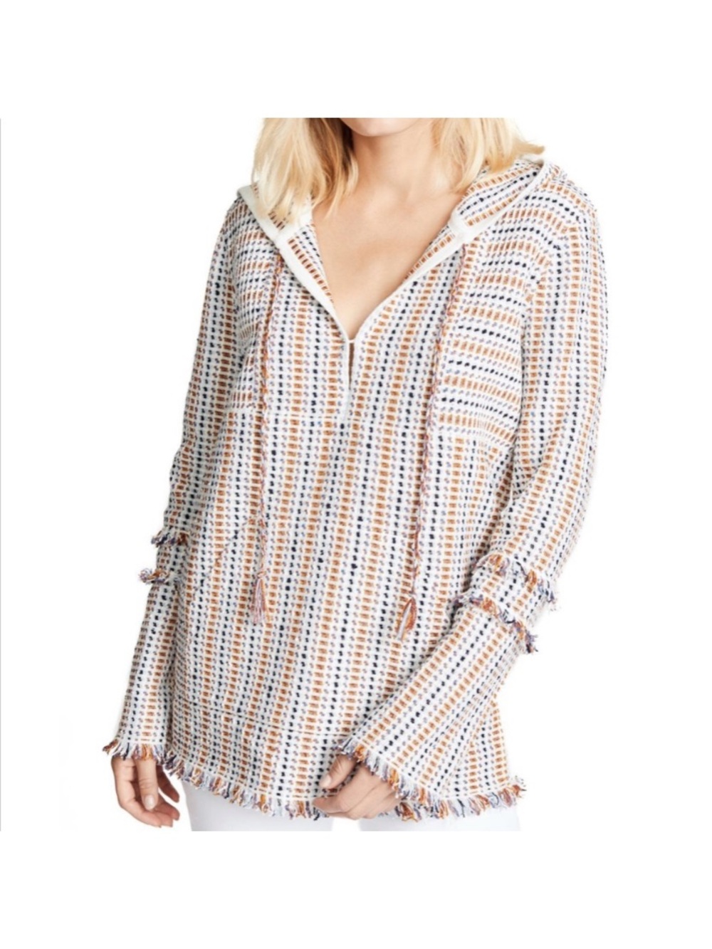 Tory Burch Woven Hooded Tunic in White, Tan & Blue SP